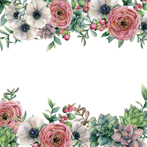 Watercolor card with berries and flowers. Hand painted ranunculus, anemone, succulent, red berry and eucalyptus leaves on white background. Floral illustration for design, print, fabric or background. - Photo, Image