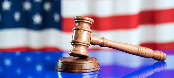Law and Justice concept. Courtroom theme. USA flag - Photo, Image