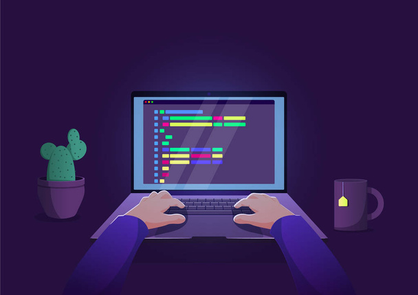 Homem programador trabalhando no computador com código na tela ilustração
. - Vetor, Imagem