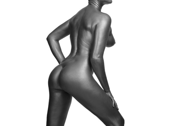 sexy slender lady painted with silver paint - Photo, Image