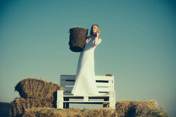 Woman bride in wedding dress on wooden bench. Albino girl hold wicker basket with hay on sunny outdoor picnic. Sexy woman with long blond hair. Fashion model on blue sky - Zdjęcie, obraz