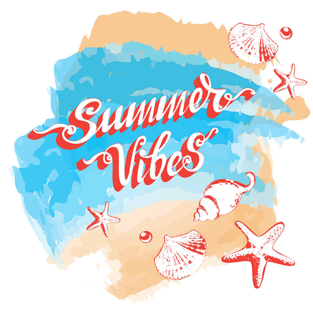 Luminose scritte disegnate a mano "Summer vibes" con conchiglie per la decorazione, souvenir, t-shirt e stampe di asciugamani, cartelli, carte, banchieri ed etichette
.  - Vettoriali, immagini