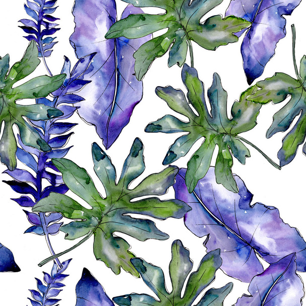 Blue tropical leaves in a watercolor style pattern.  - Zdjęcie, obraz