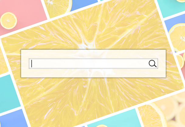 Visualización de la barra de búsqueda en el fondo de un collage de muchas imágenes con naranjas jugosas. Conjunto de imágenes con frutas en fondos de diferentes colores
 - Foto, Imagen