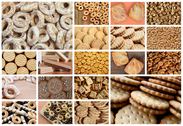 Ένα κολάζ από πολλές φωτογραφίες με διάφορα γλυκά close-up. Ένα σύνολο εικόνων με ποικιλίες μπισκότα, κουλούρια και γλυκά - Φωτογραφία, εικόνα
