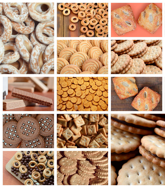 Ένα κολάζ από πολλές φωτογραφίες με διάφορα γλυκά close-up. Ένα σύνολο εικόνων με ποικιλίες μπισκότα, κουλούρια και γλυκά - Φωτογραφία, εικόνα