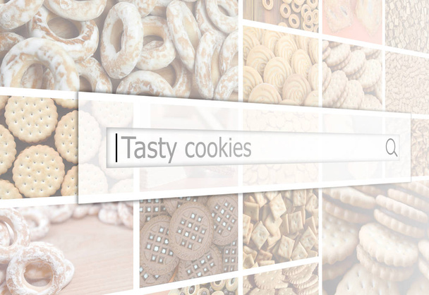 Visualization of the search bar on the background of a collage of many pictures with various sweets close up. Tasty cookies - Photo, Image