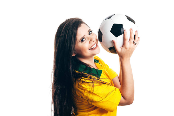 Woman soccer fan with ball isolated on white background - Foto, Bild