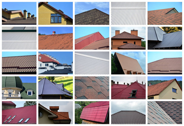 A collage of many pictures with fragments of various types of roofing. Set of images with roofs - Photo, Image