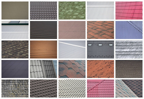 Un collage de muchas imágenes con fragmentos de varios tipos de techos de cerca. Un conjunto de imágenes con texturas de revestimiento de techo
 - Foto, imagen