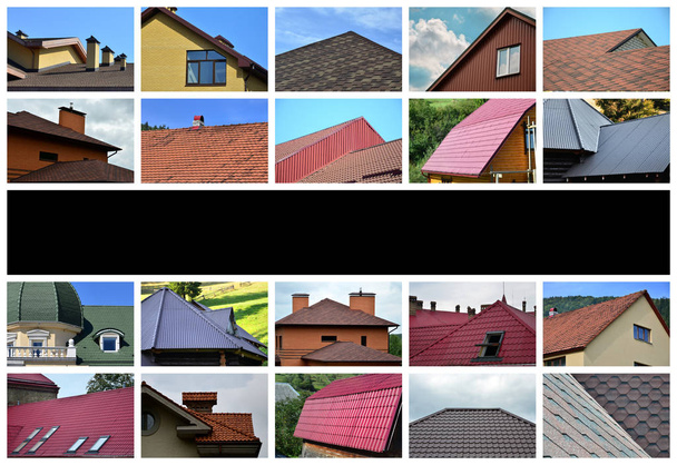 A collage of many pictures with fragments of various types of roofing. Set of images with roofs - Photo, Image