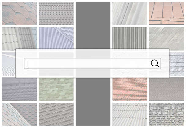 Visualization of the search bar on the background of a collage of many pictures with fragments of various types of roofing close up. A set of images with roof coating textures - Photo, Image