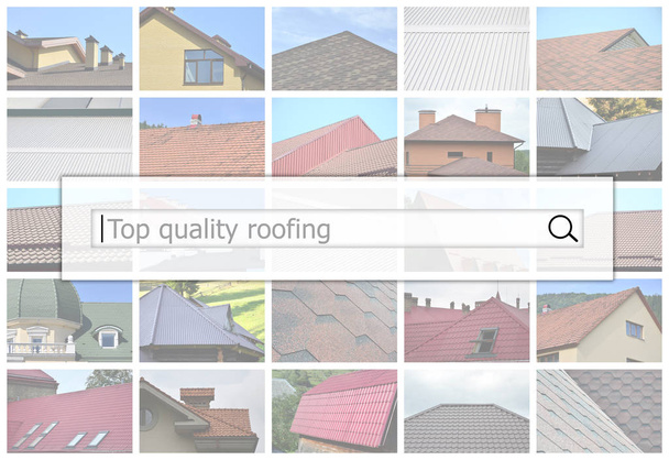 Visualization of the search bar on the background of a collage of many pictures with fragments of various types of roofing. Top quality roofing - Photo, Image