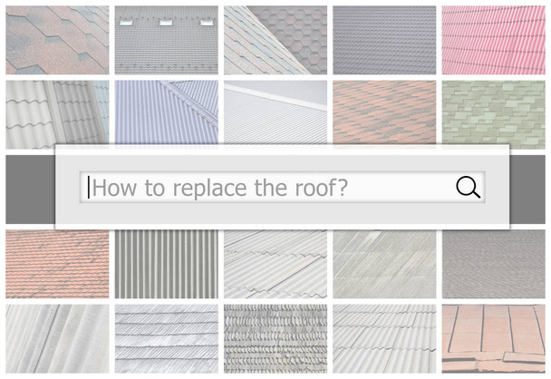 Visualization of the search bar on the background of a collage of many pictures with fragments of various types of roofing close up. How to replace the roof - Photo, Image