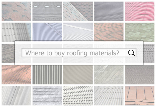 Visualization of the search bar on the background of a collage of many pictures with fragments of various types of roofing close up. Where to buy roofing materials - Photo, Image