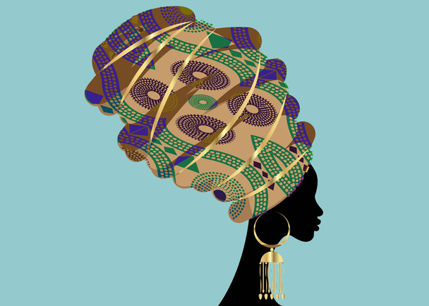 retrato bela mulher africana em turbante tradicional, Kente cabeça envoltório Africano, impressão dashiki tradicional, silhueta vetorial mulheres negras isoladas com brincos de ouro tradicionais, conceito de penteado
 - Vetor, Imagem