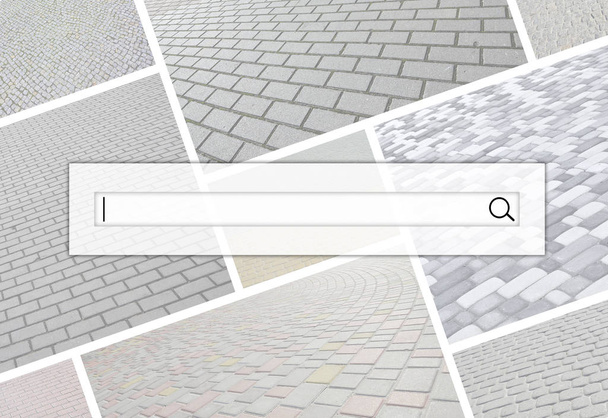 Visualization of the search bar on the background of a collage of many pictures with fragments of paving tiles close-up. Set of images with pavement stone - Photo, Image