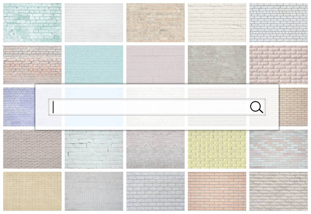 Visualization of the search bar on the background of a collage of many pictures with fragments of brick walls of different colors close-up. Set of images with varieties of brickwork - Photo, Image