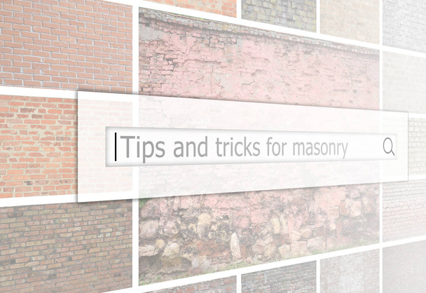 Visualization of the search bar on the background of a collage of many pictures with fragments of brick walls of different colors close up. Tips and tricks for masonry - Photo, Image