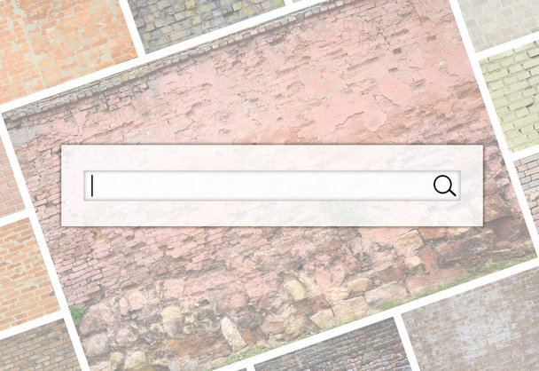 Visualization of the search bar on the background of a collage of many pictures with fragments of brick walls of different colors close-up. Set of images with varieties of brickwork - Photo, Image