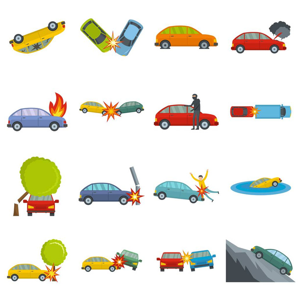 Unfall Autounfall Fall Symbole setzen Vektor isoliert - Vektor, Bild