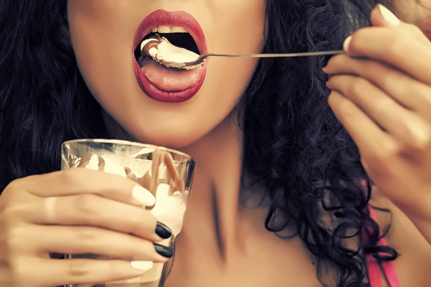 Sexual female lips with dessert - Фото, зображення