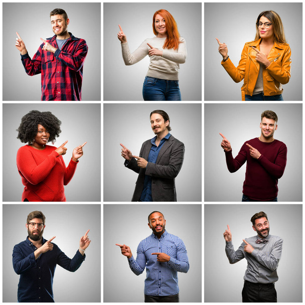 Gruppe gemischter Menschen, Frauen und Männer, die Seite an Seite mit den Fingern wegzeigen - Foto, Bild