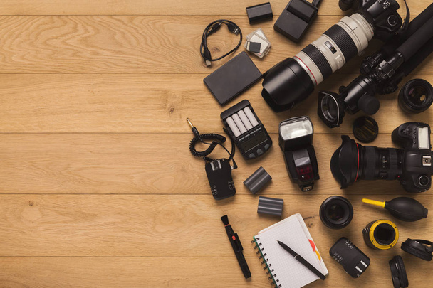 Photographer equipment and blank notepad - Photo, Image
