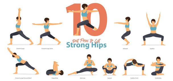 Yoga duruş kadın figürleri Infographic 10 Yoga poses için için bir dizi güçlü kalçalar düz tasarımında olsun. Kadın figürleri mavi spor giyim ve siyah yoga pantolon egzersiz. Vektör - Vektör, Görsel