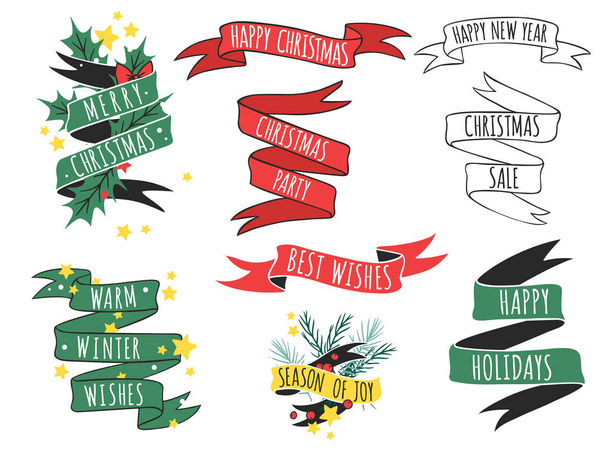 Vánoční vektorové stuhy nabídku ručně kreslenými pásky odznaky stylu dovolená sezóna dekorace logo ilustrace. - Vektor, obrázek
