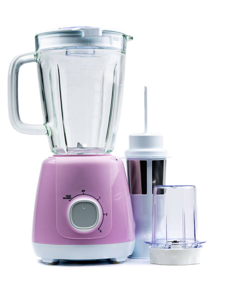 Пустой фиолетовый электрический блендер изолирован на белом фоне с копировальным пространством. Машина для здорового образа жизни. Кухонная техника
 - Фото, изображение