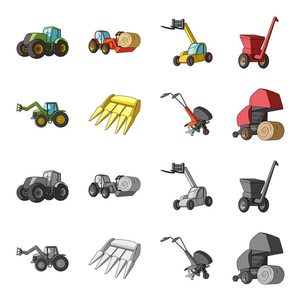 Motoblock e outros dispositivos agrícolas. Conjunto de máquinas agrícolas ícones de coleção em desenhos animados, estilo monocromático símbolo vetorial ilustração web
. - Vetor, Imagem