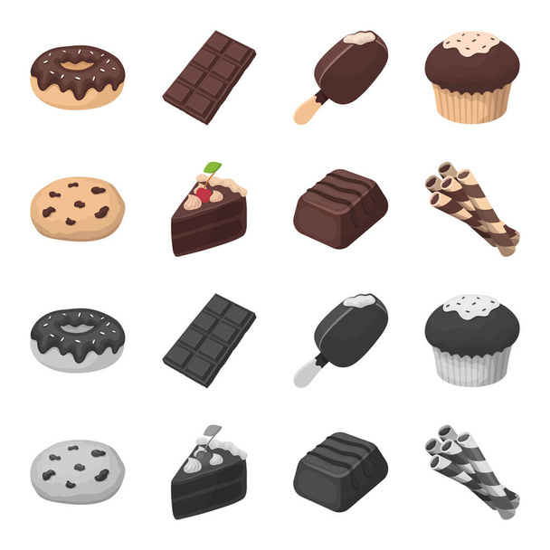 Amerikan kurabiye, kek, şeker, gofret tübül bir parçası. Çikolatalı tatlılar toplama simgeler çizgi film, tek renkli stil vektör simge stok çizim web ayarla.. - Vektör, Görsel