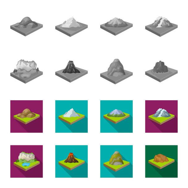Mountains, rocks and landscape. Relief and mountains set collection icons in monochrome,flat style isometric vector symbol stock illustration web. - Vetor, Imagem