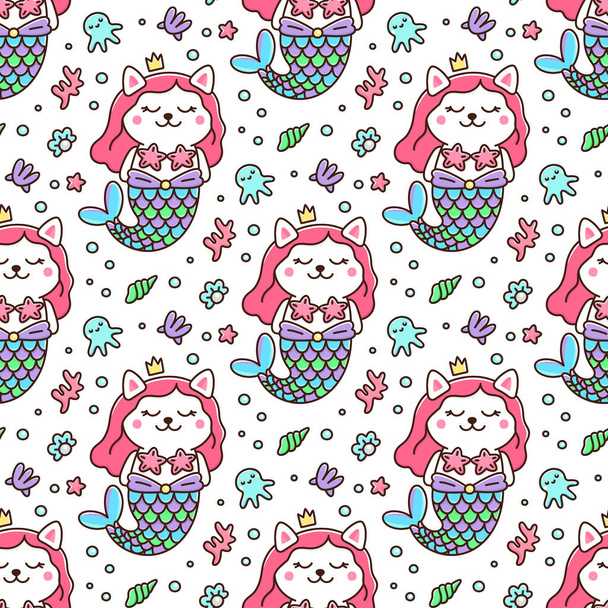 Seamless pattern with cat in a mermaid costume. With tail of a mermaid, crown, pearl, shell, coral, octopus and starfish. It can be used for packaging, wrapping paper, textile and etc. Excellent print for children's clothes, bed linens, etc. - Vector, Image