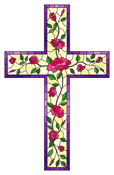 Illust в вітражі стиль живопису на релігійну тематику, вітраж у формі християнського Хреста оформлені з троянди рожеві ізольовані на білому тлі - Вектор, зображення