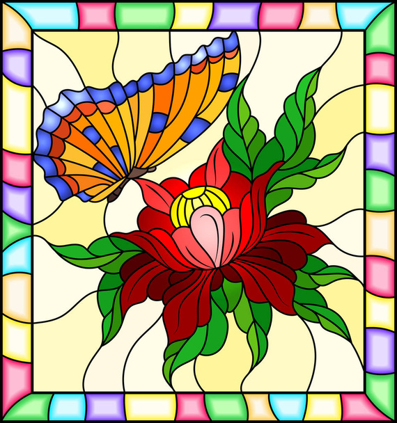 Illustration in stained glass style with a red flower and bright  orange butterfly on a yellow background in a bright frame  - Vector, Image
