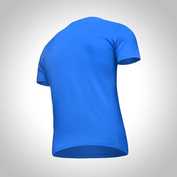 Blank template men blue t shirt short sleeve, back view bottom-up half turn, isolated on gray background with clipping path. Mockup concept tshirt for design and print - Photo, Image