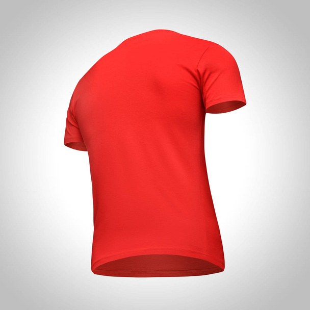 Κενό πρότυπο ανδρών κόκκινο t πουκάμισο Κοντομάνικο, πίσω όψη απότηβάσηστηνκορυφή μισή στροφή, απομονώνονται σε γκρι φόντο με διαδρομή αποκοπής. Κοροϊδεύω tshirt έννοια για το σχεδιασμό και την εκτύπωση - Φωτογραφία, εικόνα