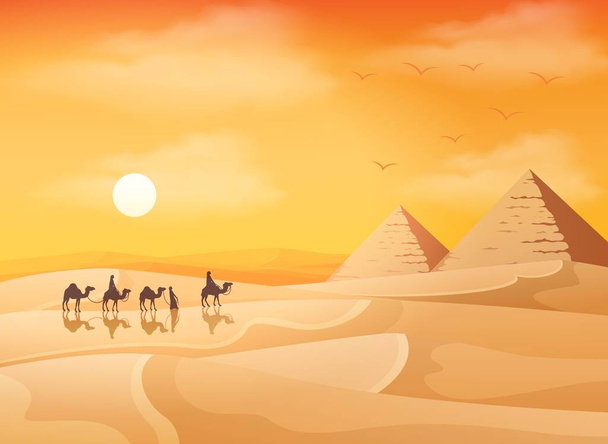 Camel caravana em selvagem África pirâmides paisagem ao pôr do sol fundo
 - Vetor, Imagem