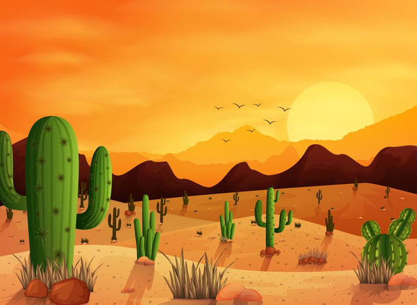 Пейзаж пустыни с кактусами
 - Вектор,изображение