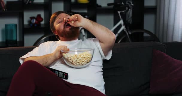 Smiling fat man with beard watches TV in the room and eats pop-corn at the table with beer - Video