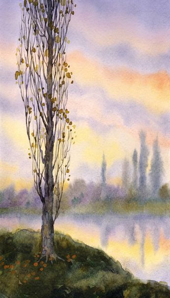 Akvarel krajiny. Podzimní topol na klidné řeky - Fotografie, Obrázek