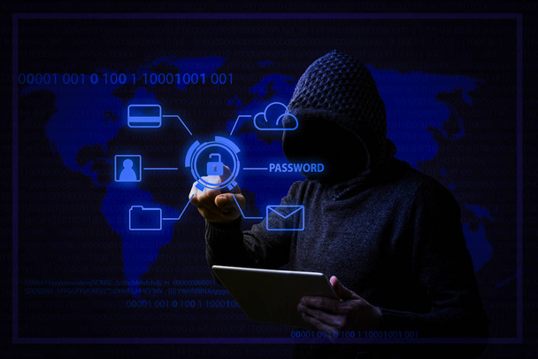 Концепция хакерских атак и кражи данных с безликим человеком в
  - Фото, изображение