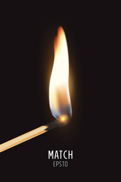 Vector 3d realistic burning match stick icon closeup on dark background. Symbol of ignition, burning and withering. Design template, clipart for graphics - Vektor, kép