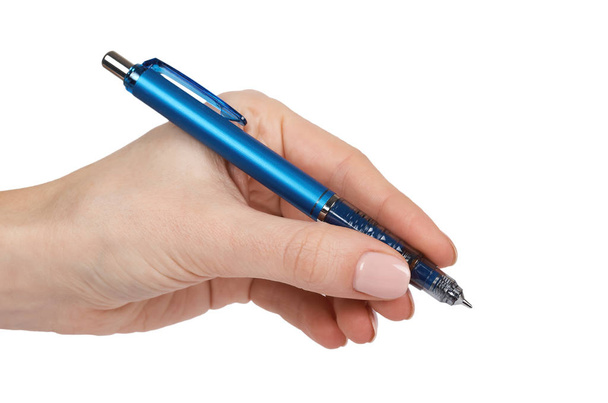 Lápis escolar mecânico azul na mão. Isolado em fundo branco. Material de escritório, instrumento de trabalho, ferramenta de negócios
 - Foto, Imagem