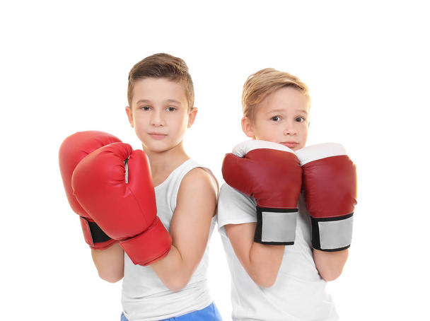 Cute little boys in boxing gloves on white background - Фото, изображение