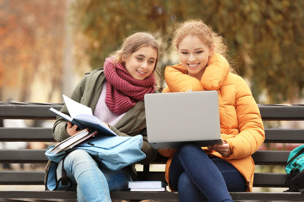 Teenagers with laptop studying in park - Photo, image