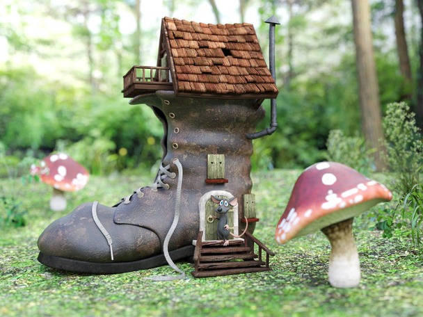 3D rendering of a cartoon mouse at a fairytale shoe house. - Photo, Image