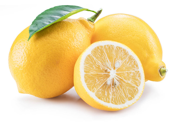 Ripe lemon fruits with lemon leaf on the white background. - Fotografie, Obrázek